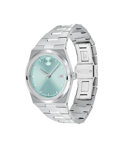 Movado Women's Bold Quest 35mm Watch, Seafoam Blue Sunray Dial, Swiss Quartz Movement, Stainless Steel Case and Bracelet, Date Window, Signature Dot, Modern Luxury Design