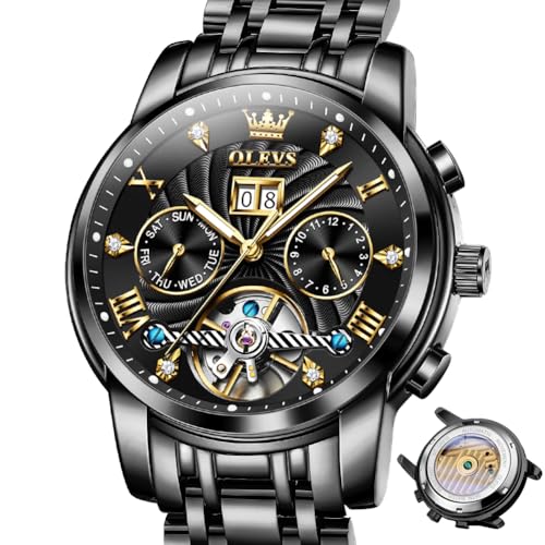 OLEVS Watches for Men Automatic Mechanical Analog Mens Watches Luxury Diamond Waterproof Mens Watch Casual Self Winding Stainless Steel Tourbillon Big Face Day Date Classic Watch for Men