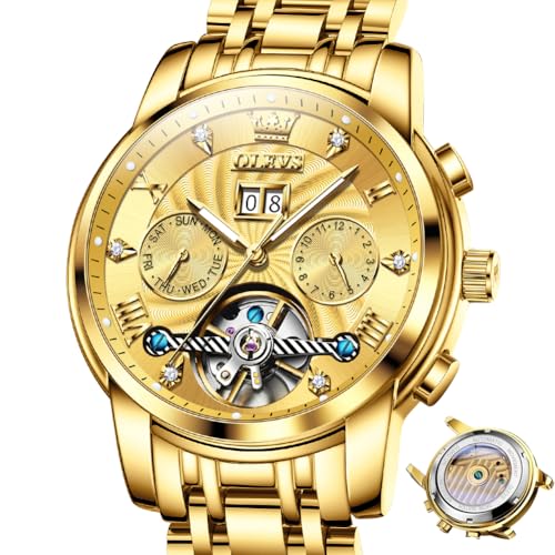 OLEVS Watches for Men Automatic Mechanical Analog Mens Watches Luxury Diamond Waterproof Mens Watch Casual Self Winding Stainless Steel Tourbillon Big Face Day Date Classic Watch for Men