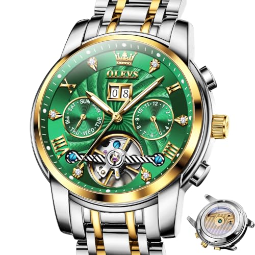 OLEVS Watches for Men Automatic Mechanical Analog Mens Watches Luxury Diamond Waterproof Mens Watch Casual Self Winding Stainless Steel Tourbillon Big Face Day Date Classic Watch for Men