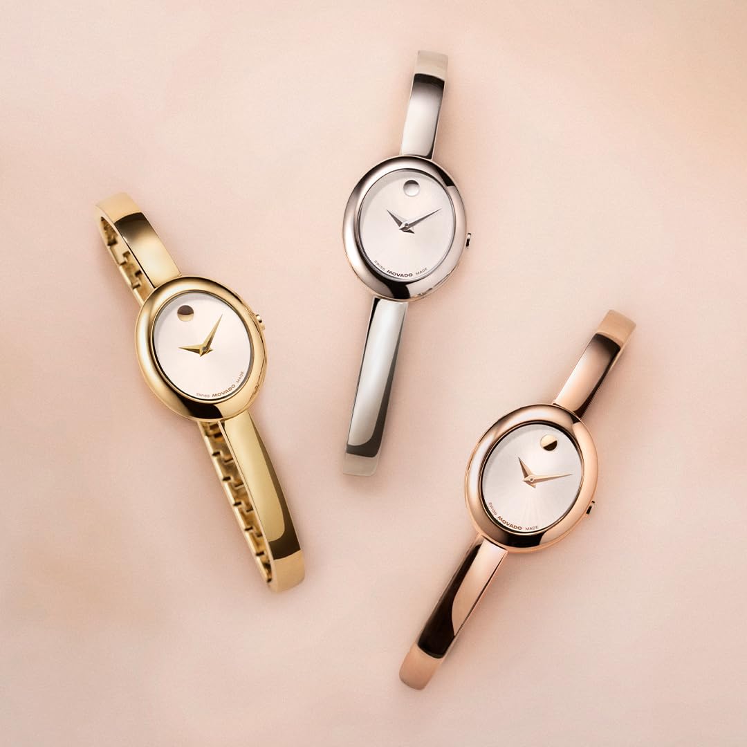 Movado Women’s Museum Bangle Watch – Swiss Quartz – 21 mm Cushion, Round or Oval Case – Classic Stainless Steel Bracelet – Gift for Her