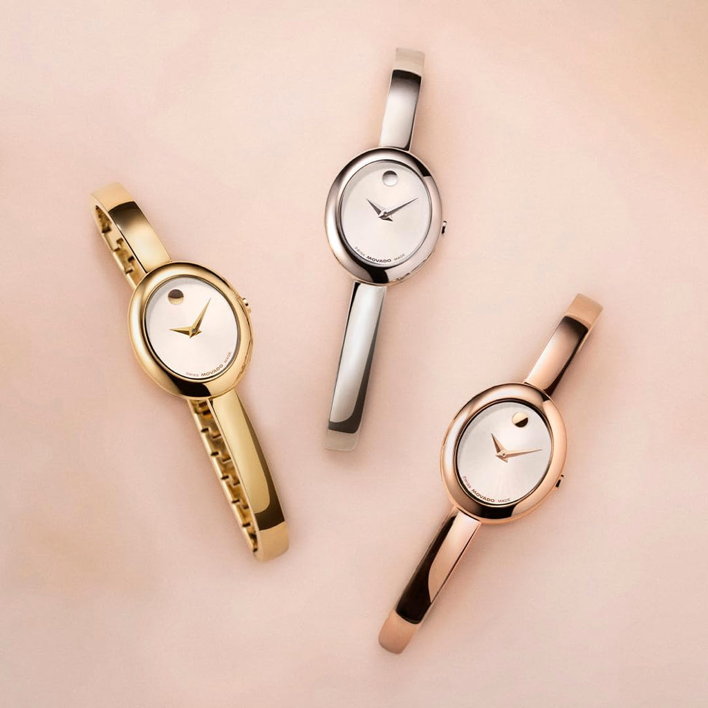 Movado Women’s Museum Bangle Watch – Swiss Quartz – 21 mm Cushion, Round or Oval Case – Classic Stainless Steel Bracelet – Gift for Her