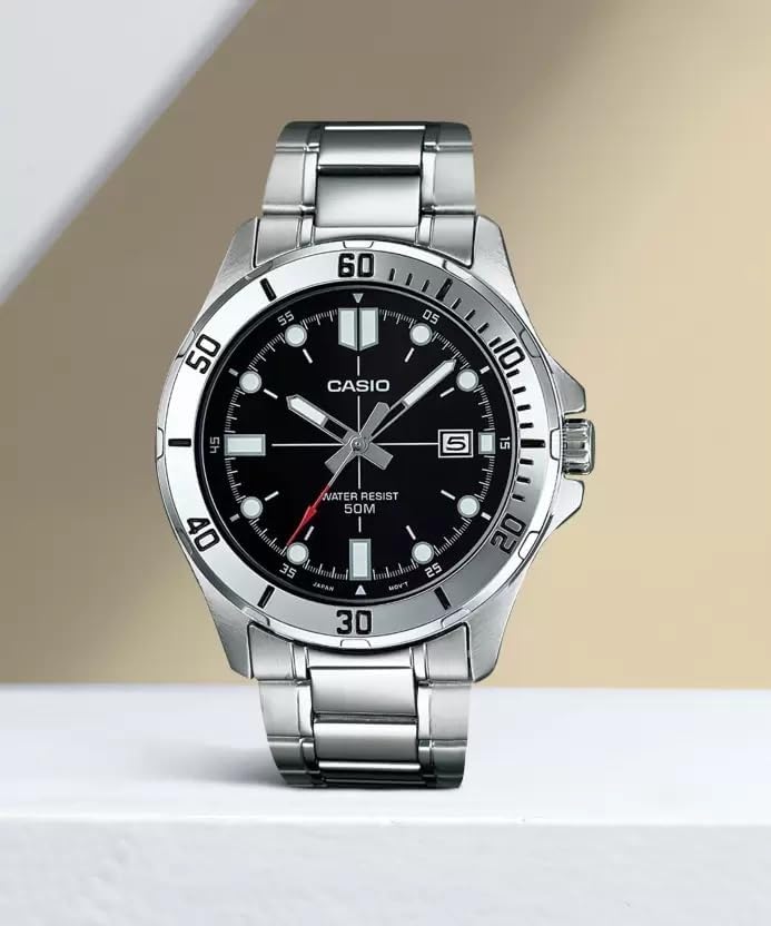 Casio MTP-VD01D-1BV Men's Enticer Stainless Steel Black Dial Casual Analog Sporty Watch, Silver, 48×42×10.7mm, Quartz Movement