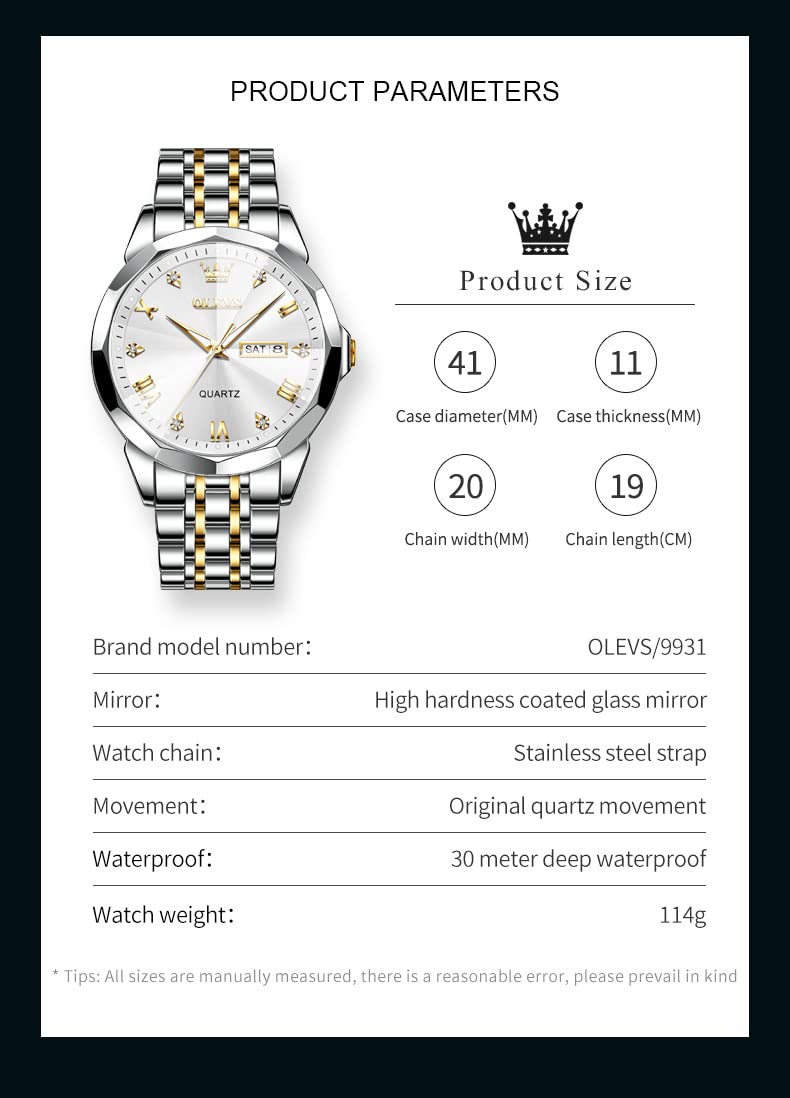 OLEVS Watch for Men Diamond Business Dress Analog Quartz Stainless Steel Waterproof Luminous Date Two Tone Luxury Casual Wrist Watch
