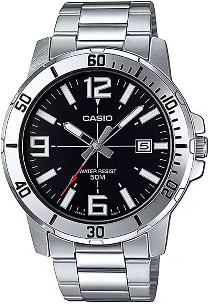 Casio MTP-VD01D-1BV Men's Enticer Stainless Steel Black Dial Casual Analog Sporty Watch, Silver, 48×42×10.7mm, Quartz Movement