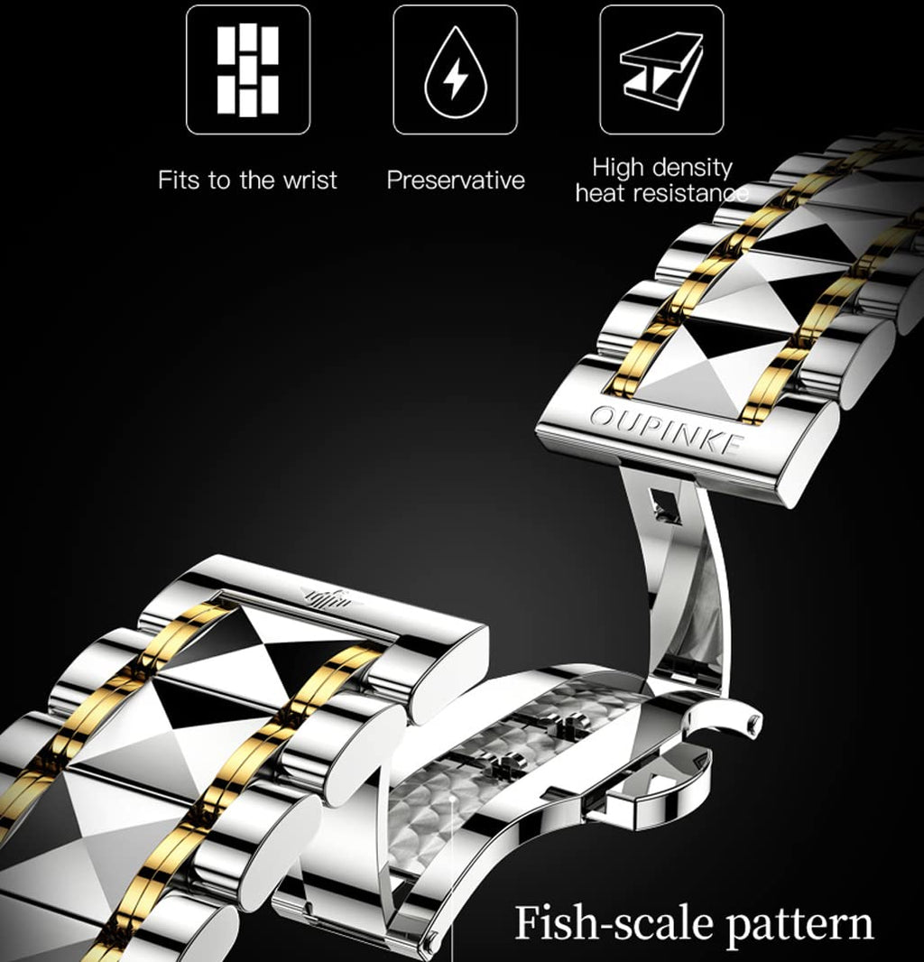 OUPINKE Mens Automatic Watch Diamond Skeleton Mechanical Self Winding Luxury Dress Wrist Watch Sapphire Crystal Tungsten