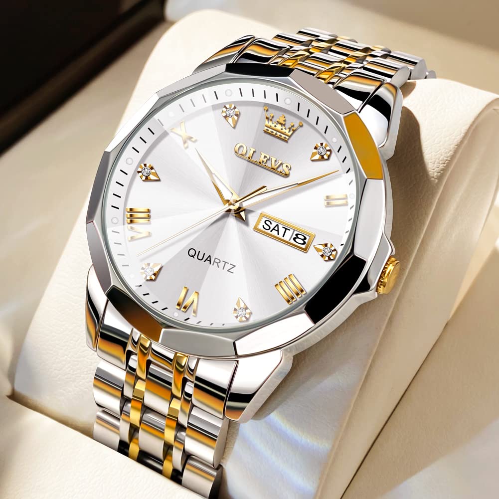 OLEVS Watch for Men Diamond Business Dress Analog Quartz Stainless Steel Waterproof Luminous Date Two Tone Luxury Casual Wrist Watch