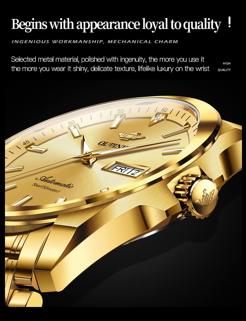 OUPINKE Mens Automatic Watches Gold Diamond Luxury Dress Self Winding Mechanical Sapphire Crystal Luminous Waterproof Mens Wrist Watch