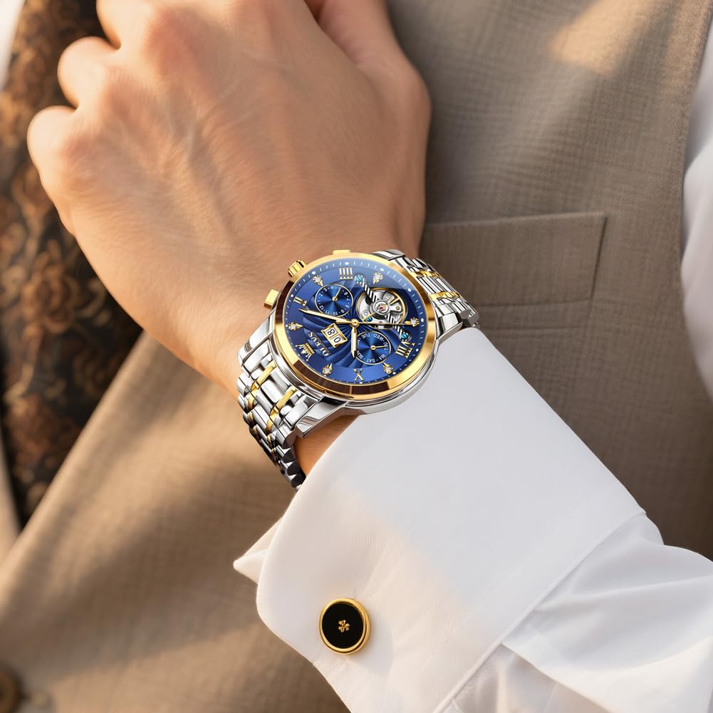 OLEVS Watches for Men Automatic Mechanical Analog Mens Watches Luxury Diamond Waterproof Mens Watch Casual Self Winding Stainless Steel Tourbillon Big Face Day Date Classic Watch for Men