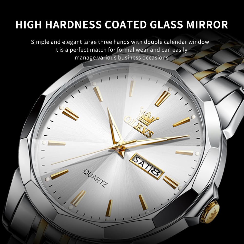 OLEVS Watch for Men Diamond Business Dress Analog Quartz Stainless Steel Waterproof Luminous Date Two Tone Luxury Casual Wrist Watch