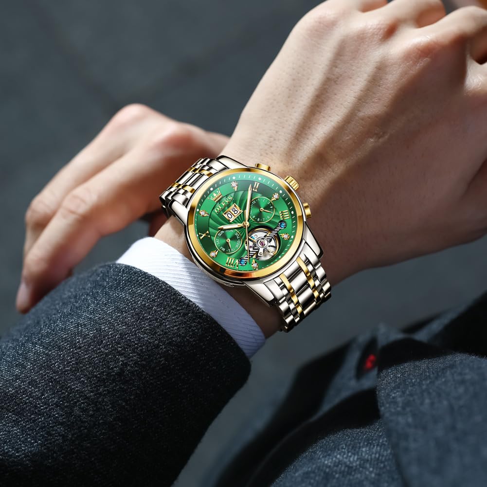 OLEVS Watches for Men Automatic Mechanical Analog Mens Watches Luxury Diamond Waterproof Mens Watch Casual Self Winding Stainless Steel Tourbillon Big Face Day Date Classic Watch for Men