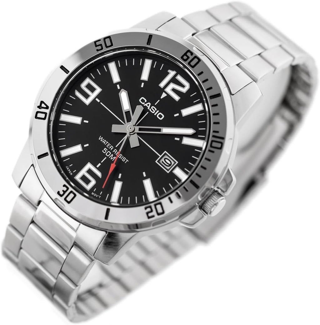 Casio MTP-VD01D-1BV Men's Enticer Stainless Steel Black Dial Casual Analog Sporty Watch, Silver, 48×42×10.7mm, Quartz Movement