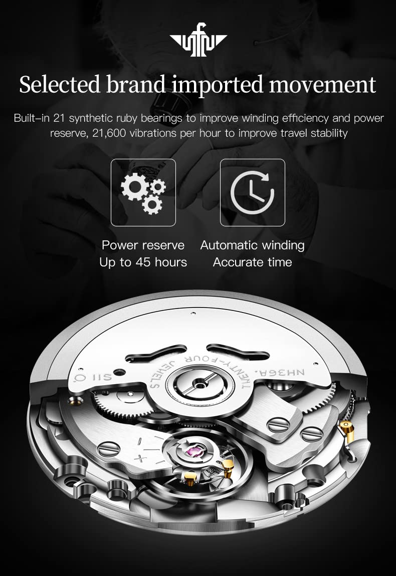 OUPINKE Mens Automatic Watch Diamond Skeleton Mechanical Self Winding Luxury Dress Wrist Watch Sapphire Crystal Tungsten