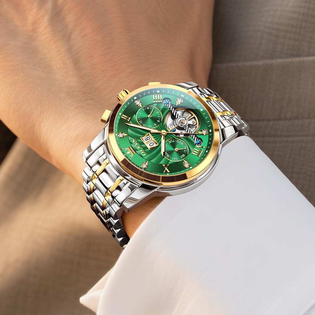 OLEVS Watches for Men Automatic Mechanical Analog Mens Watches Luxury Diamond Waterproof Mens Watch Casual Self Winding Stainless Steel Tourbillon Big Face Day Date Classic Watch for Men