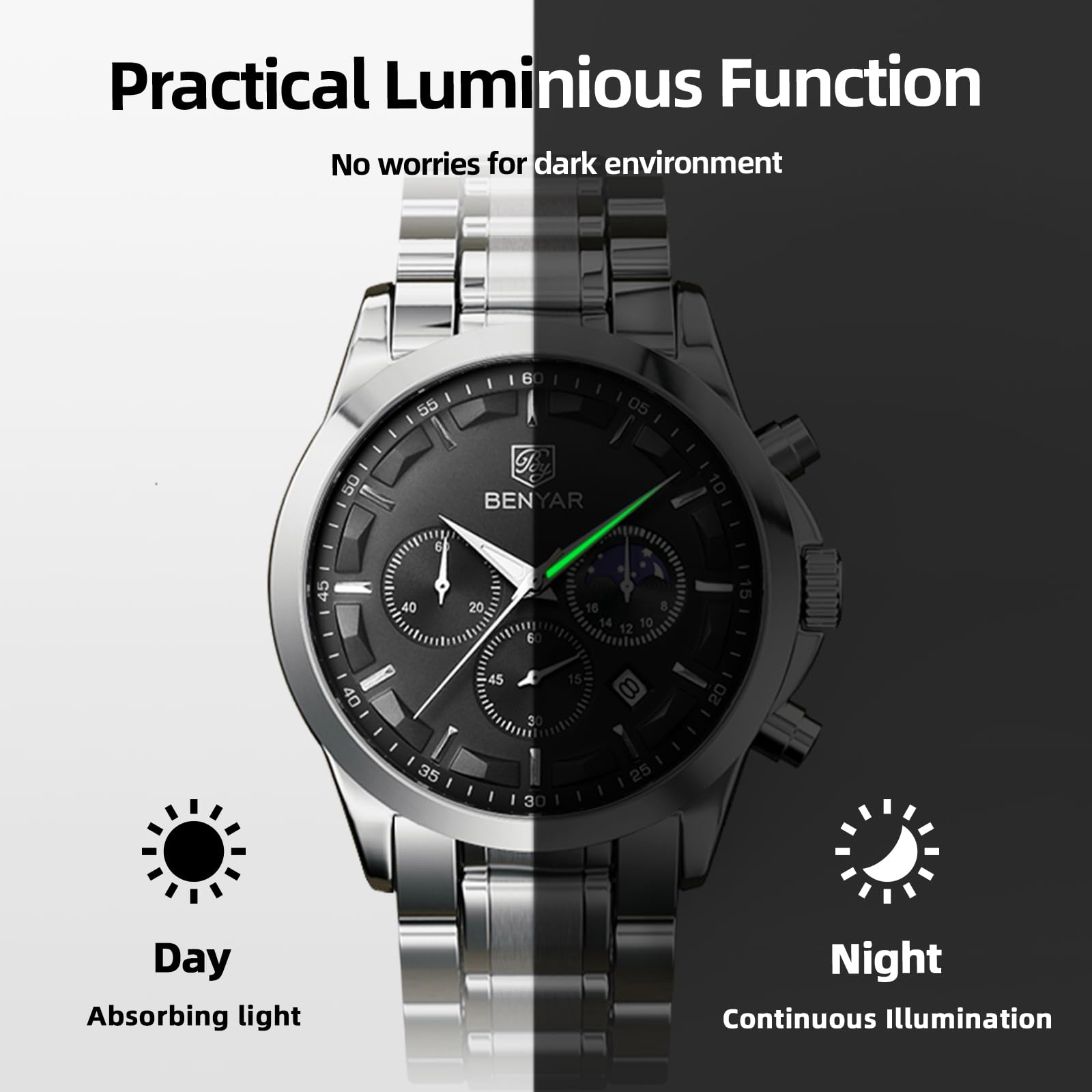 BY BENYAR Mens Watches Analog Quartz Chronograph Waterproof Wrist Watches for Men Fashion Business Work Casual Sport Designer Dress Watch with Calendar Elegant Gifts for Men