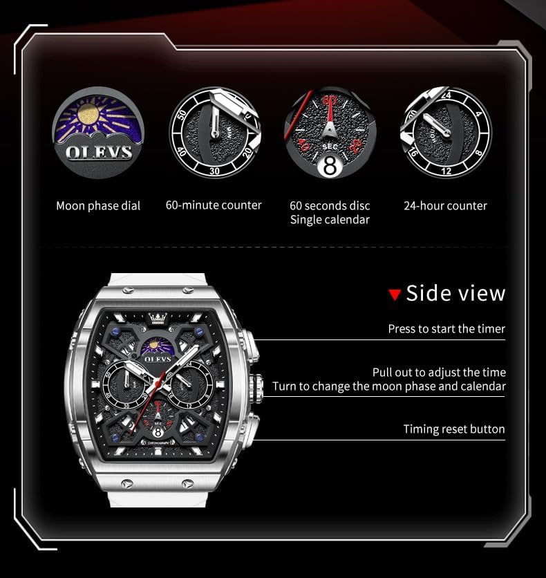 OLEVS Mens Watches Stylish Chronograph Waterproof Luminous Silicon Strap Multifunction Watches for Men Business White Men Wrist Watch