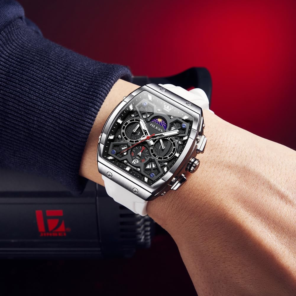 OLEVS Mens Watches Stylish Chronograph Waterproof Luminous Silicon Strap Multifunction Watches for Men Business White Men Wrist Watch