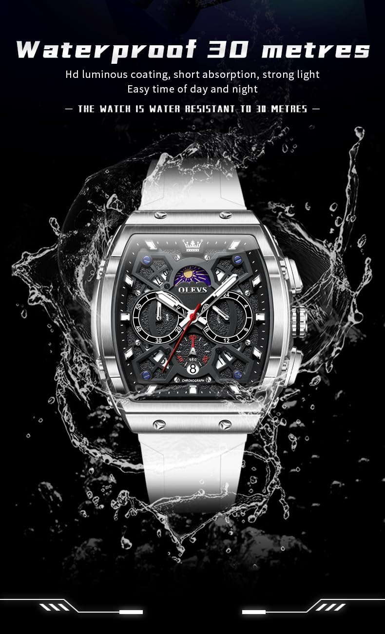 OLEVS Mens Watches Stylish Chronograph Waterproof Luminous Silicon Strap Multifunction Watches for Men Business White Men Wrist Watch