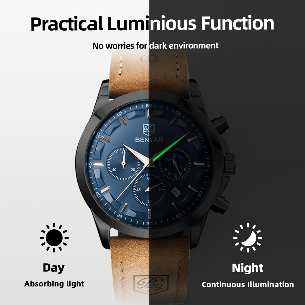 BY BENYAR Mens Watches Analog Quartz Chronograph Waterproof Wrist Watches for Men Fashion Business Work Casual Sport Designer Dress Watch with Calendar Elegant Gifts for Men