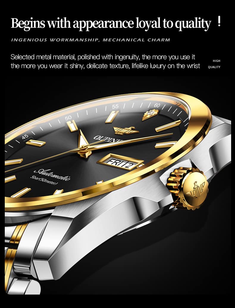 OUPINKE Mens Automatic Watches Gold Diamond Luxury Dress Self Winding Mechanical Sapphire Crystal Luminous Waterproof Mens Wrist Watch