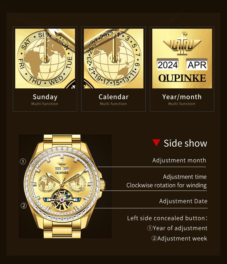 OUPINKE Mens Automatic Watches Gold Diamond Luxury Dress Self Winding Mechanical Sapphire Crystal Luminous Waterproof Mens Wrist Watch