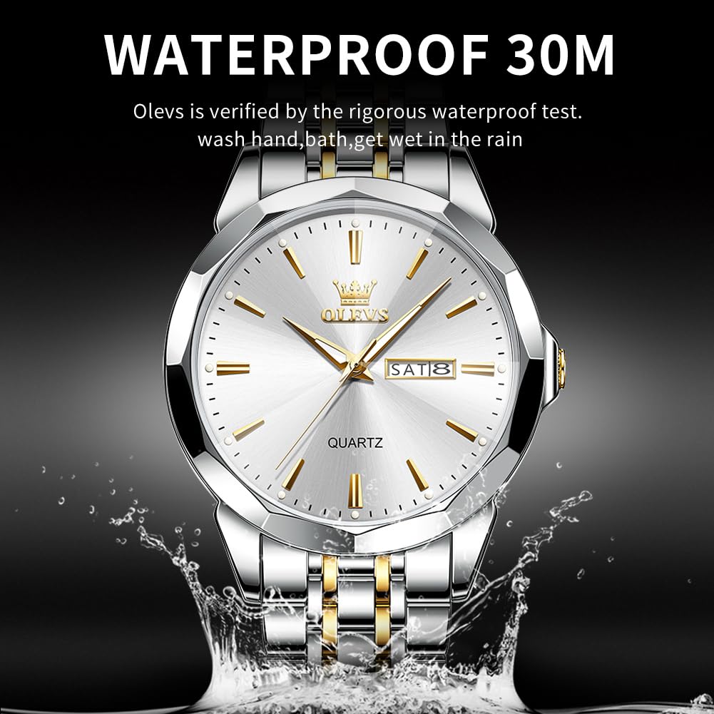 OLEVS Watch for Men Diamond Business Dress Analog Quartz Stainless Steel Waterproof Luminous Date Two Tone Luxury Casual Wrist Watch