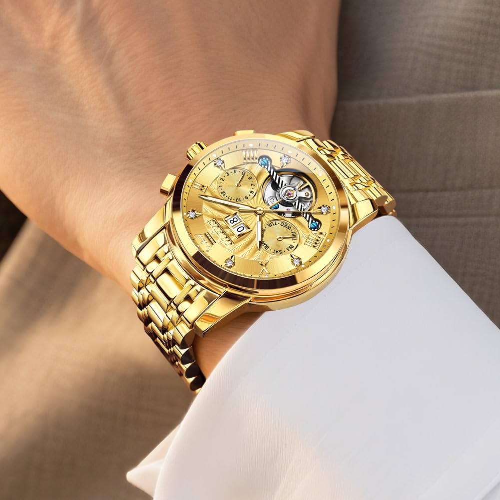 OLEVS Watches for Men Automatic Mechanical Analog Mens Watches Luxury Diamond Waterproof Mens Watch Casual Self Winding Stainless Steel Tourbillon Big Face Day Date Classic Watch for Men