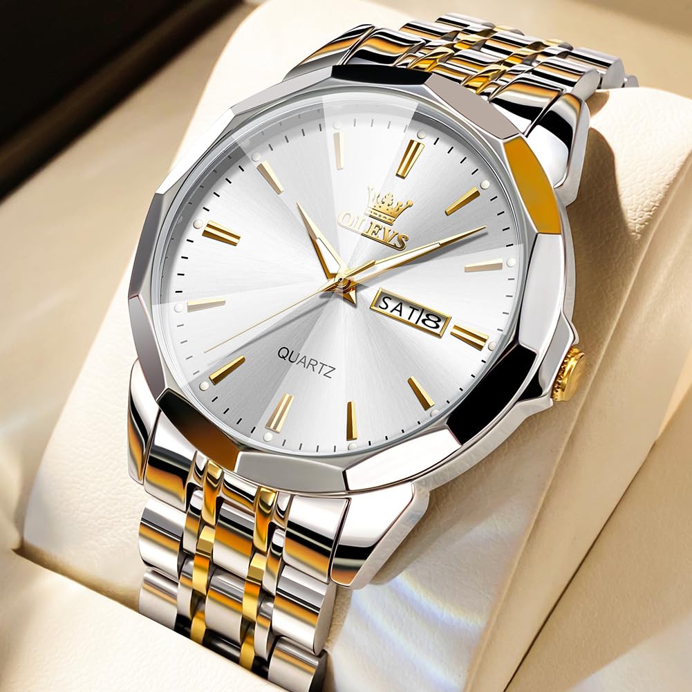OLEVS Watch for Men Diamond Business Dress Analog Quartz Stainless Steel Waterproof Luminous Date Two Tone Luxury Casual Wrist Watch