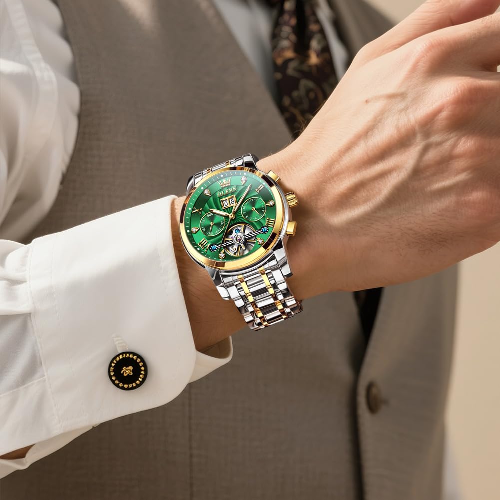 OLEVS Watches for Men Automatic Mechanical Analog Mens Watches Luxury Diamond Waterproof Mens Watch Casual Self Winding Stainless Steel Tourbillon Big Face Day Date Classic Watch for Men