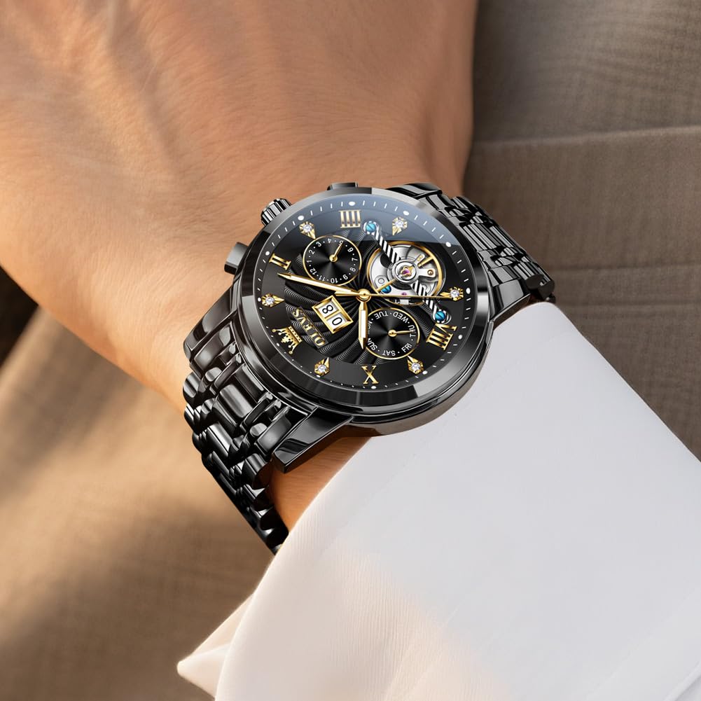 OLEVS Watches for Men Automatic Mechanical Analog Mens Watches Luxury Diamond Waterproof Mens Watch Casual Self Winding Stainless Steel Tourbillon Big Face Day Date Classic Watch for Men