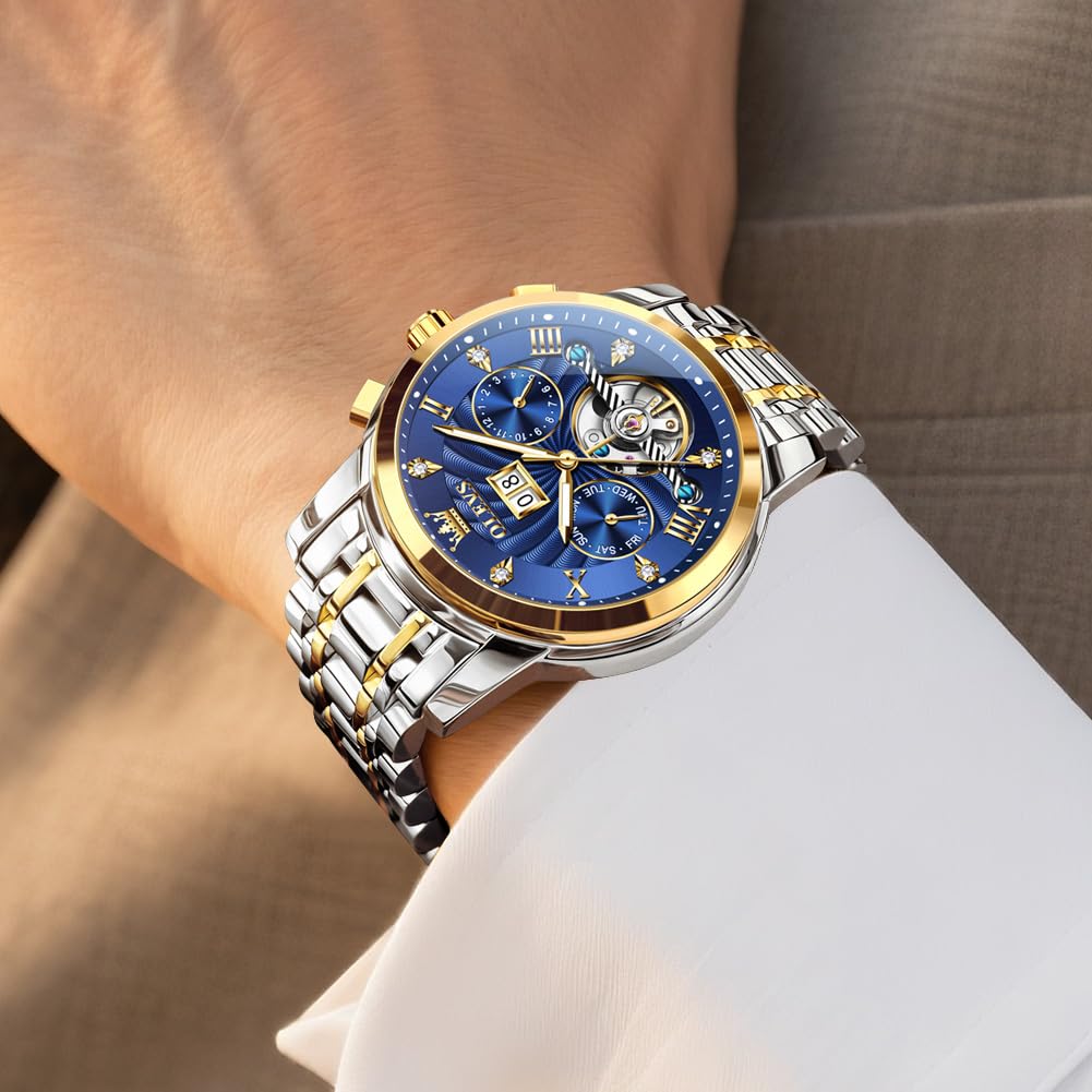 OLEVS Watches for Men Automatic Mechanical Analog Mens Watches Luxury Diamond Waterproof Mens Watch Casual Self Winding Stainless Steel Tourbillon Big Face Day Date Classic Watch for Men