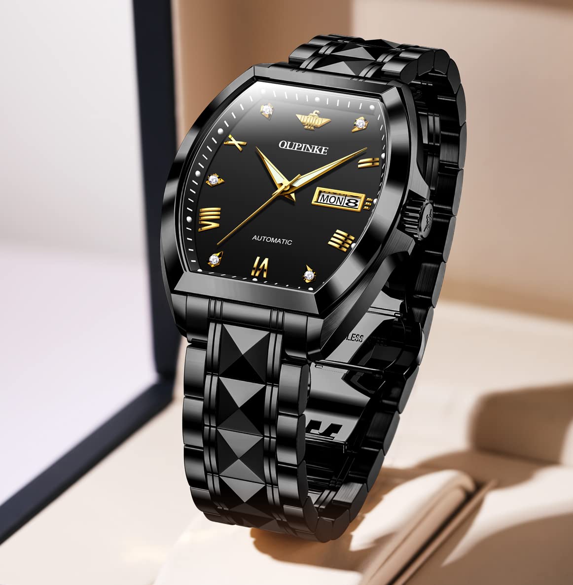 OUPINKE Mens Automatic Watch Diamond Skeleton Mechanical Self Winding Luxury Dress Wrist Watch Sapphire Crystal Tungsten