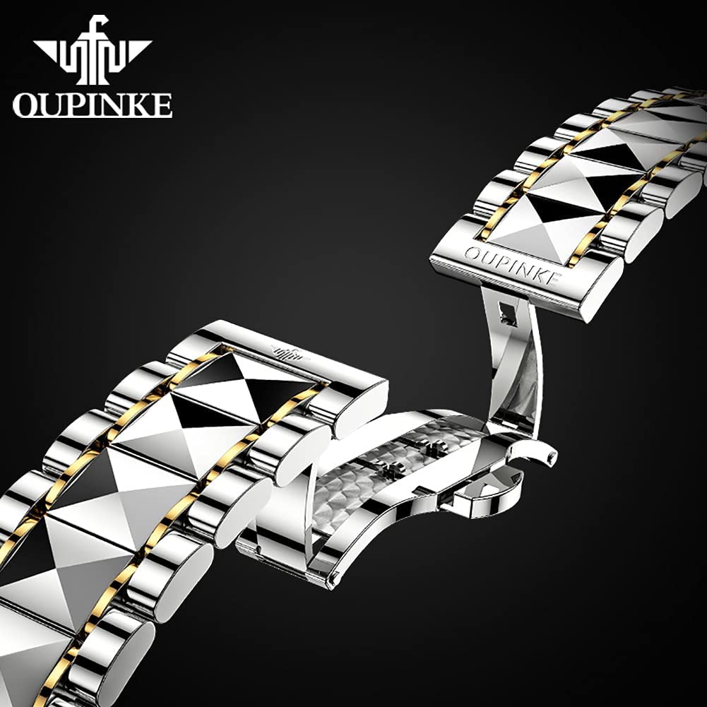 OUPINKE Mens Automatic Watch Diamond Skeleton Mechanical Self Winding Luxury Dress Wrist Watch Sapphire Crystal Tungsten