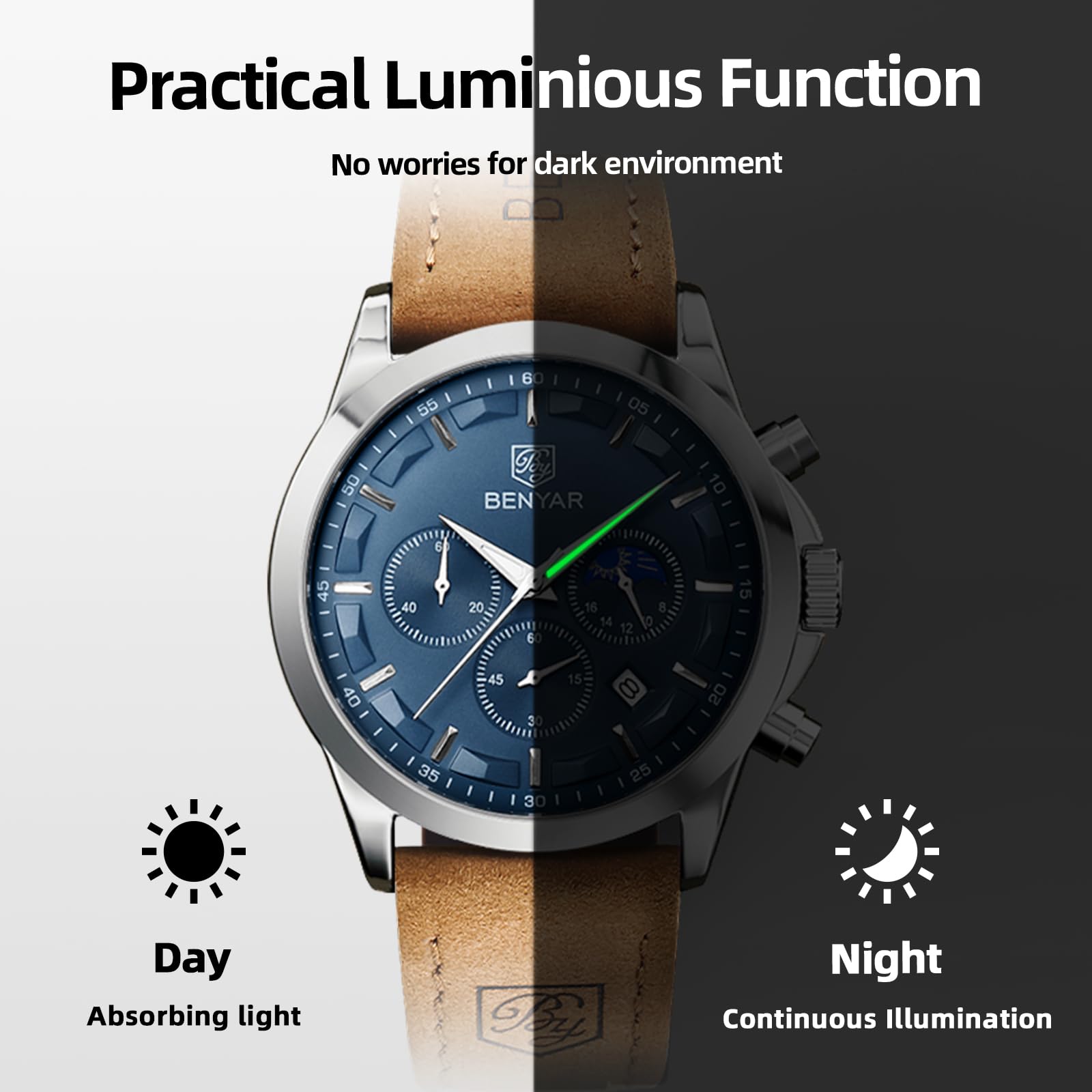 BY BENYAR Mens Watches Analog Quartz Chronograph Waterproof Wrist Watches for Men Fashion Business Work Casual Sport Designer Dress Watch with Calendar Elegant Gifts for Men