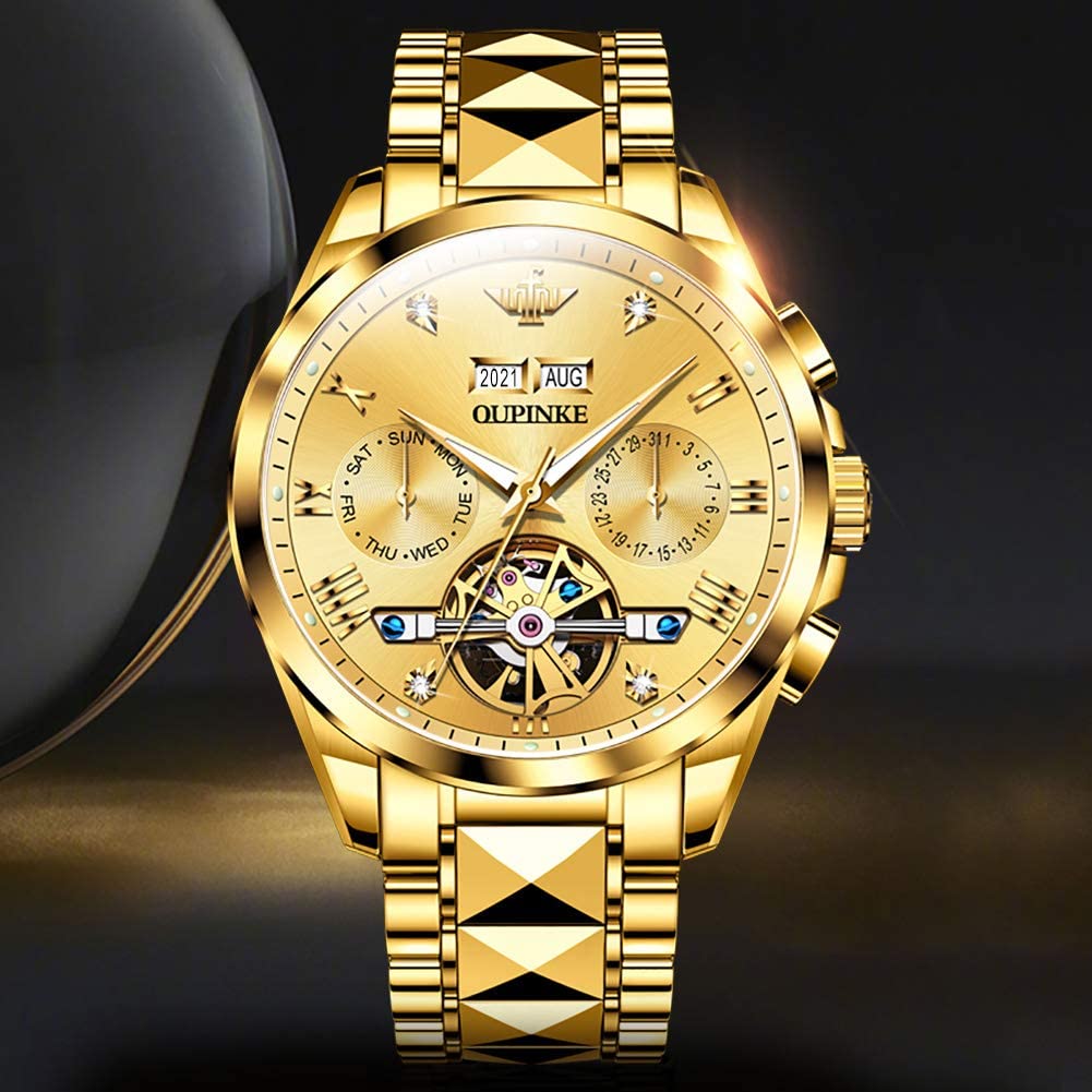 OUPINKE Mens Automatic Watch Diamond Skeleton Mechanical Self Winding Luxury Dress Wrist Watch Sapphire Crystal Tungsten