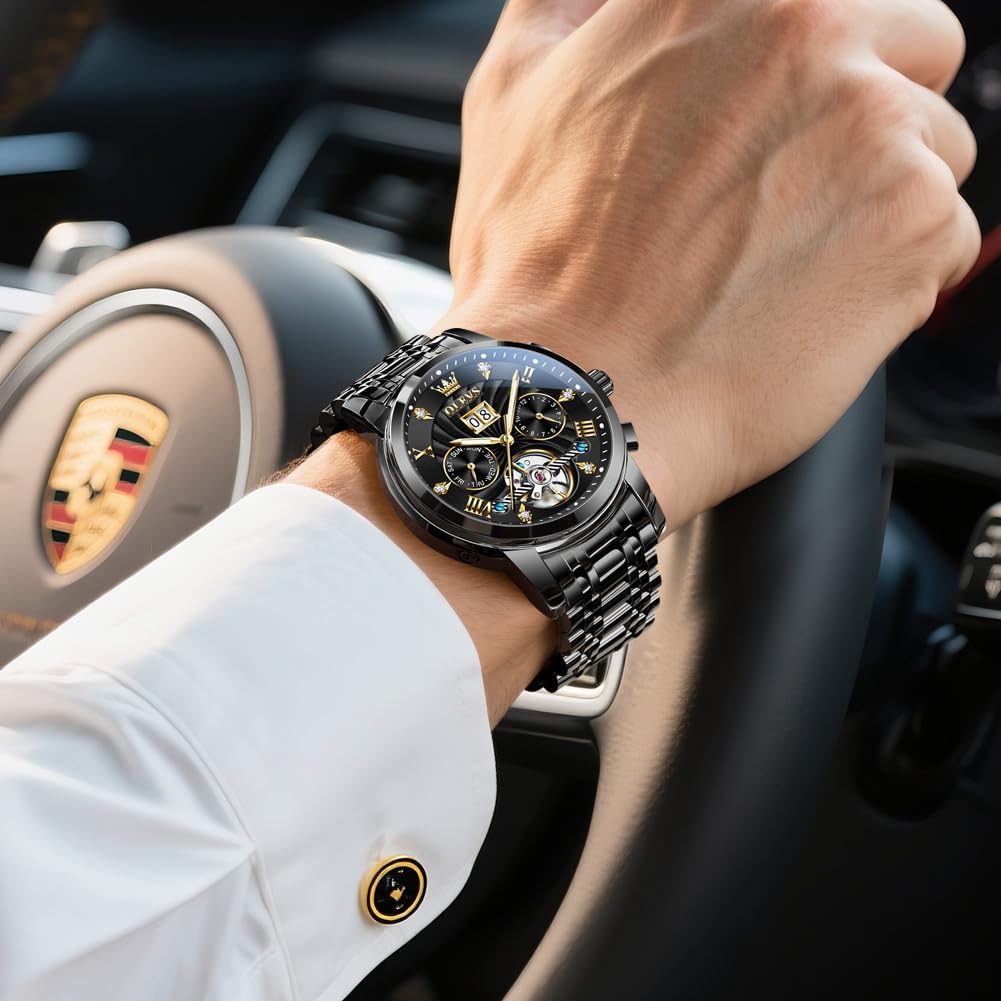 OLEVS Watches for Men Automatic Mechanical Analog Mens Watches Luxury Diamond Waterproof Mens Watch Casual Self Winding Stainless Steel Tourbillon Big Face Day Date Classic Watch for Men