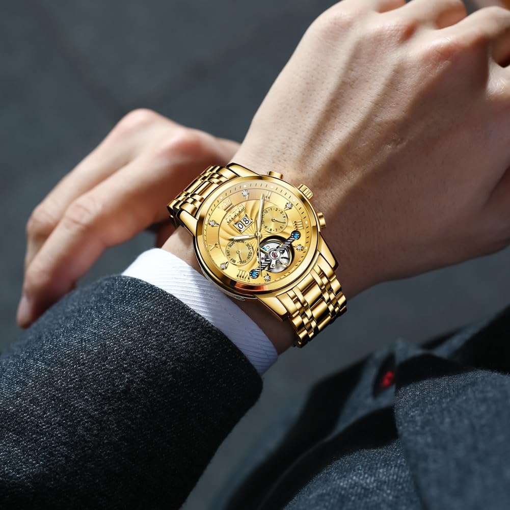 OLEVS Watches for Men Automatic Mechanical Analog Mens Watches Luxury Diamond Waterproof Mens Watch Casual Self Winding Stainless Steel Tourbillon Big Face Day Date Classic Watch for Men
