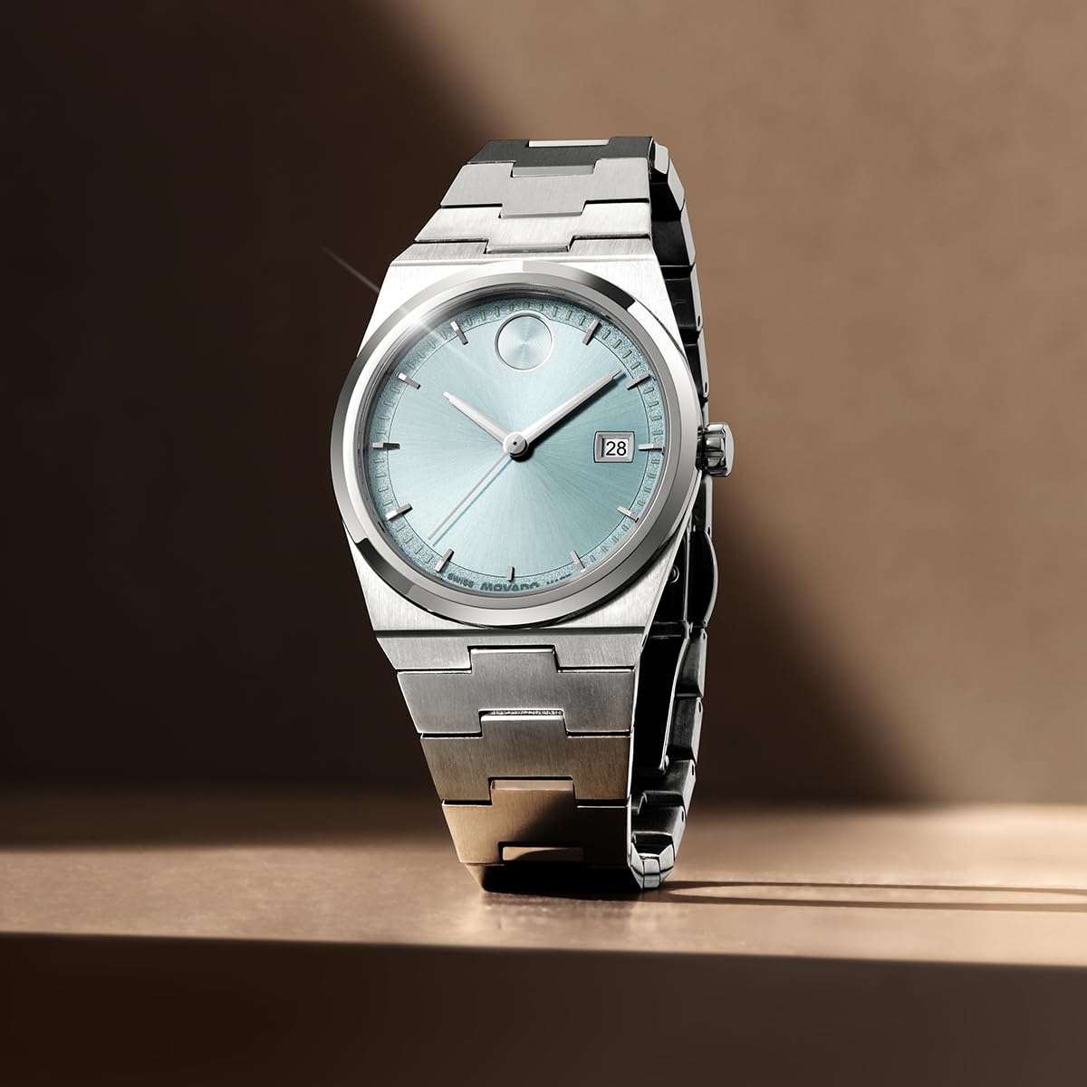 Movado Women's Bold Quest 35mm Watch, Seafoam Blue Sunray Dial, Swiss Quartz Movement, Stainless Steel Case and Bracelet, Date Window, Signature Dot, Modern Luxury Design