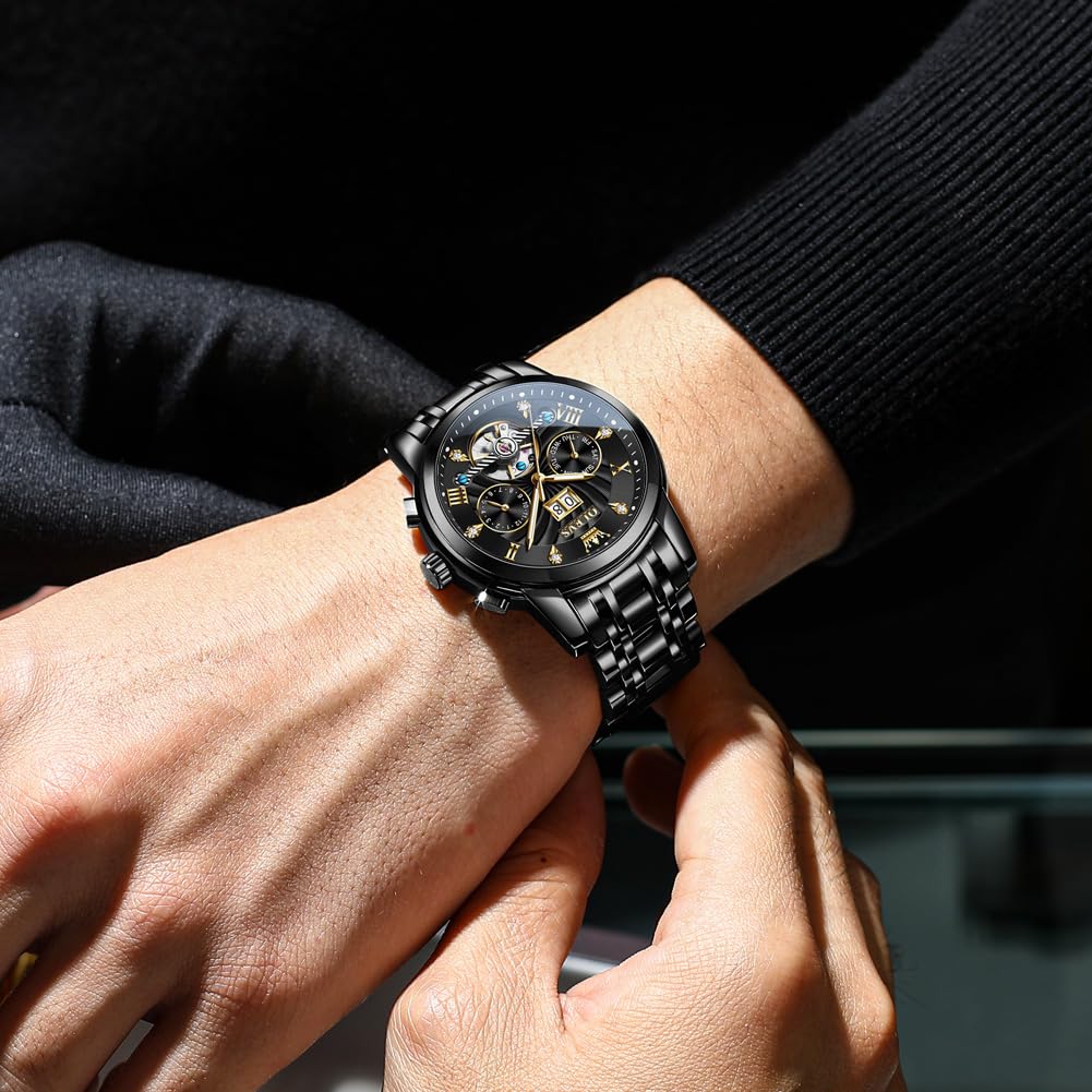 OLEVS Watches for Men Automatic Mechanical Analog Mens Watches Luxury Diamond Waterproof Mens Watch Casual Self Winding Stainless Steel Tourbillon Big Face Day Date Classic Watch for Men