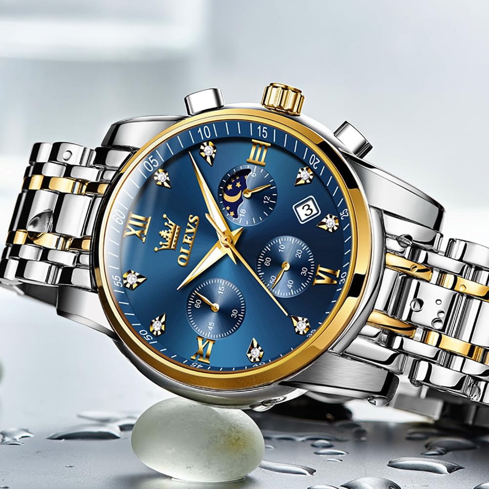 OLEVS Watch for Men Diamond Business Dress Analog Quartz Stainless Steel Waterproof Luminous Date Two Tone Luxury Casual Wrist Watch