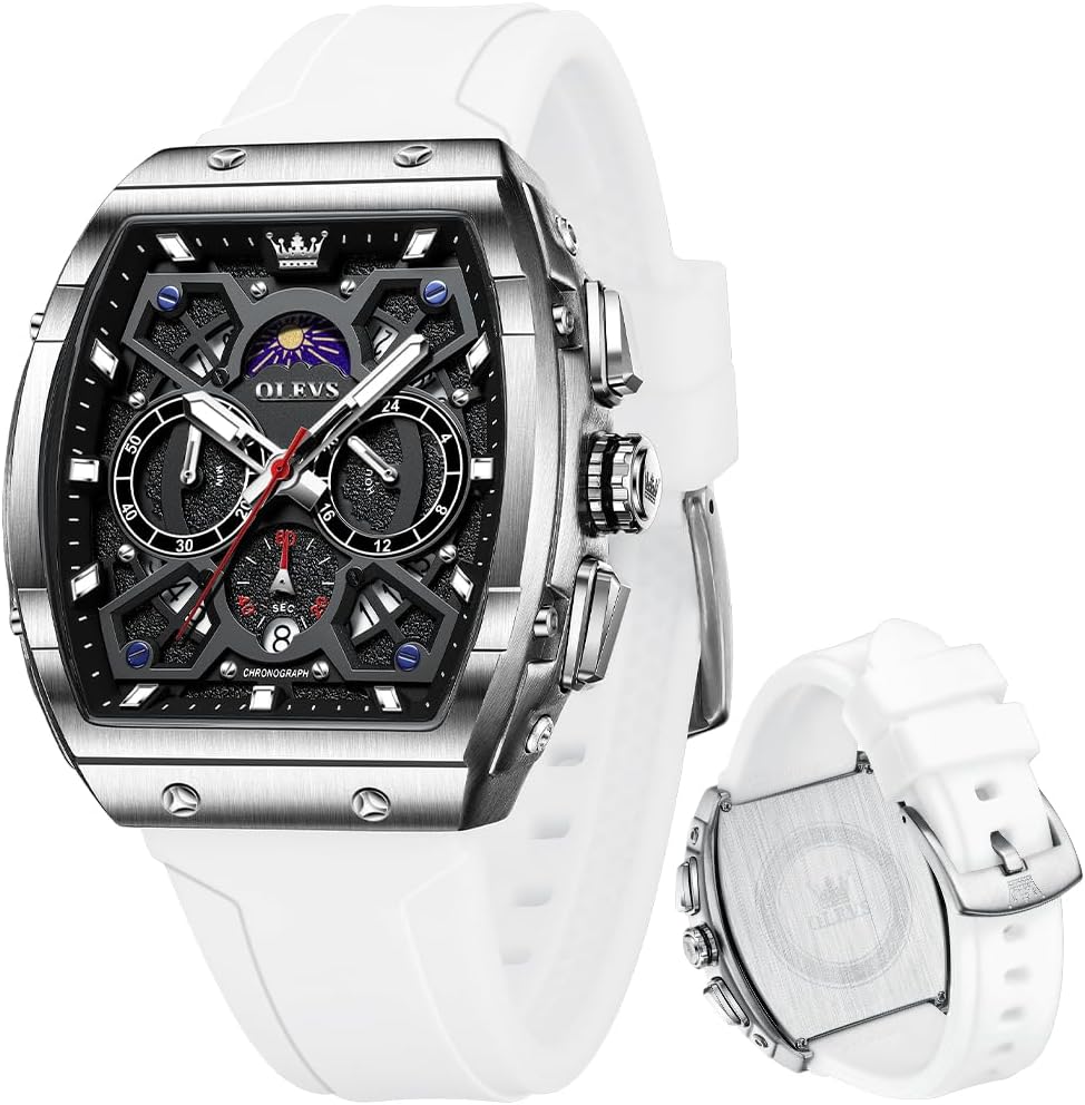 OLEVS Mens Watches Stylish Chronograph Waterproof Luminous Silicon Strap Multifunction Watches for Men Business White Men Wrist Watch