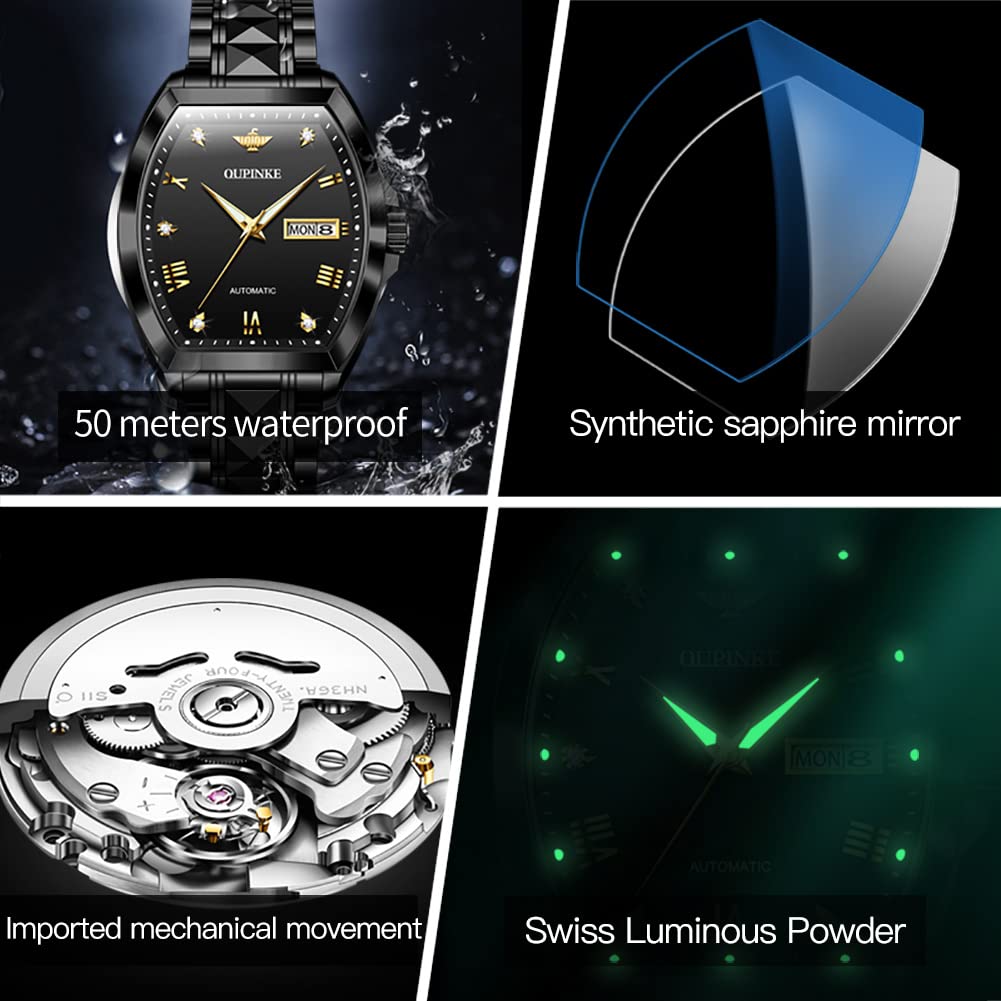 OUPINKE Mens Automatic Watch Diamond Skeleton Mechanical Self Winding Luxury Dress Wrist Watch Sapphire Crystal Tungsten