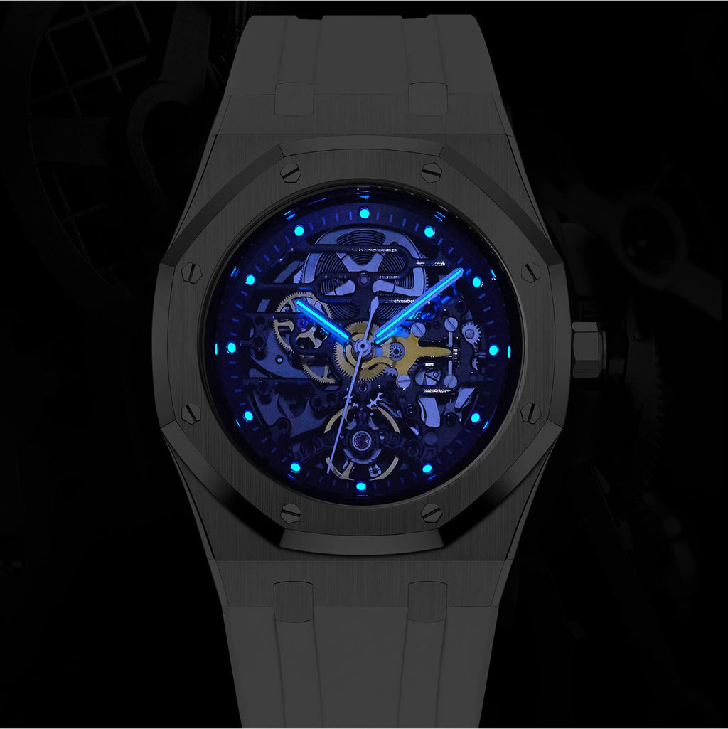 Redhai Automatic Mechanical Watch Skeleton Stainless 50M Waterproof Anti Shock Casual Diver Men Wrist Watch Sterling Watches Chronograph Analog Business Casual Fashion Adjustable Silicone Band