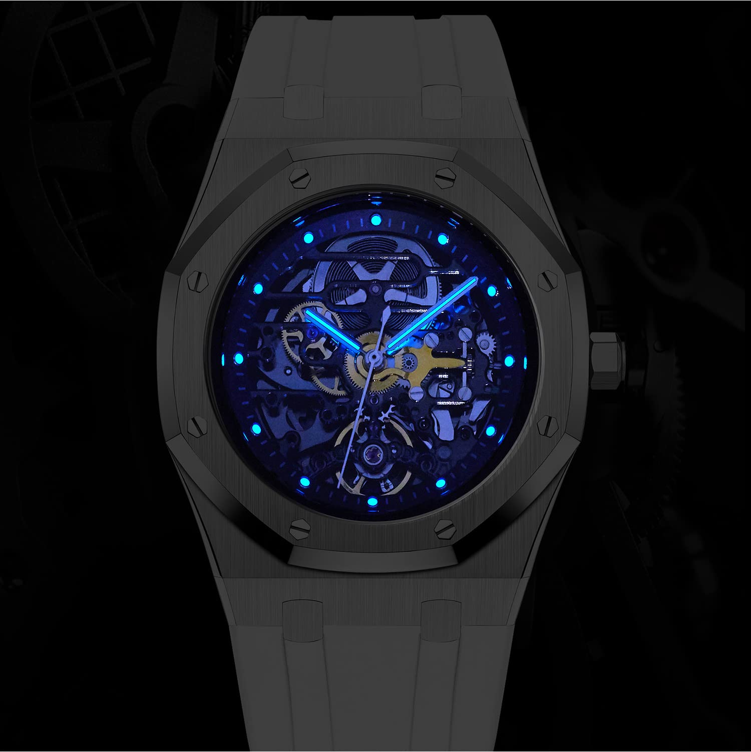 Redhai Automatic Mechanical Watch Skeleton Stainless 50M Waterproof Anti Shock Casual Diver Men Wrist Watch Sterling Watches Chronograph Analog Business Casual Fashion Adjustable Silicone Band