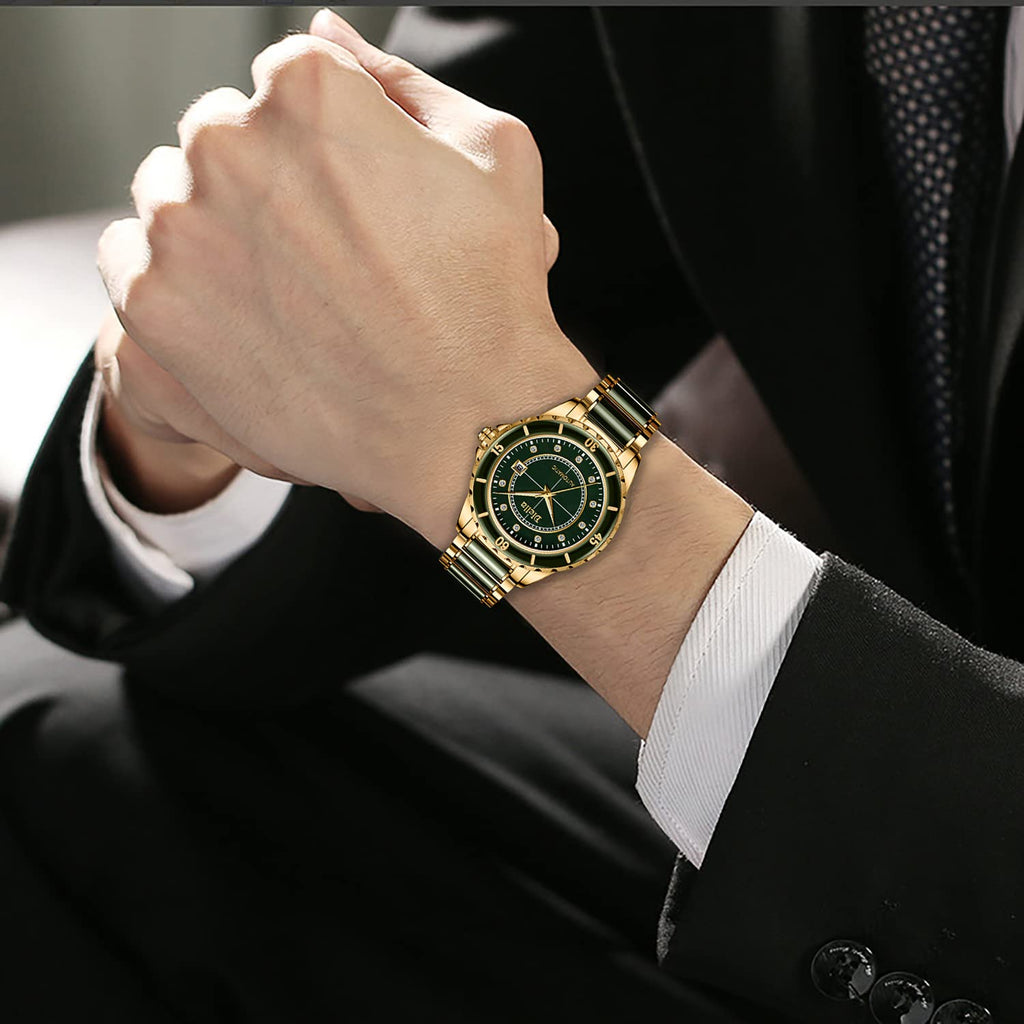Diella Automatic Watches for Men with Jade & Stainless Steel, Rhinestones Men’s Wrist Watches Luxury Mechanical Waterproof Dress Watch (Model: AD6020)
