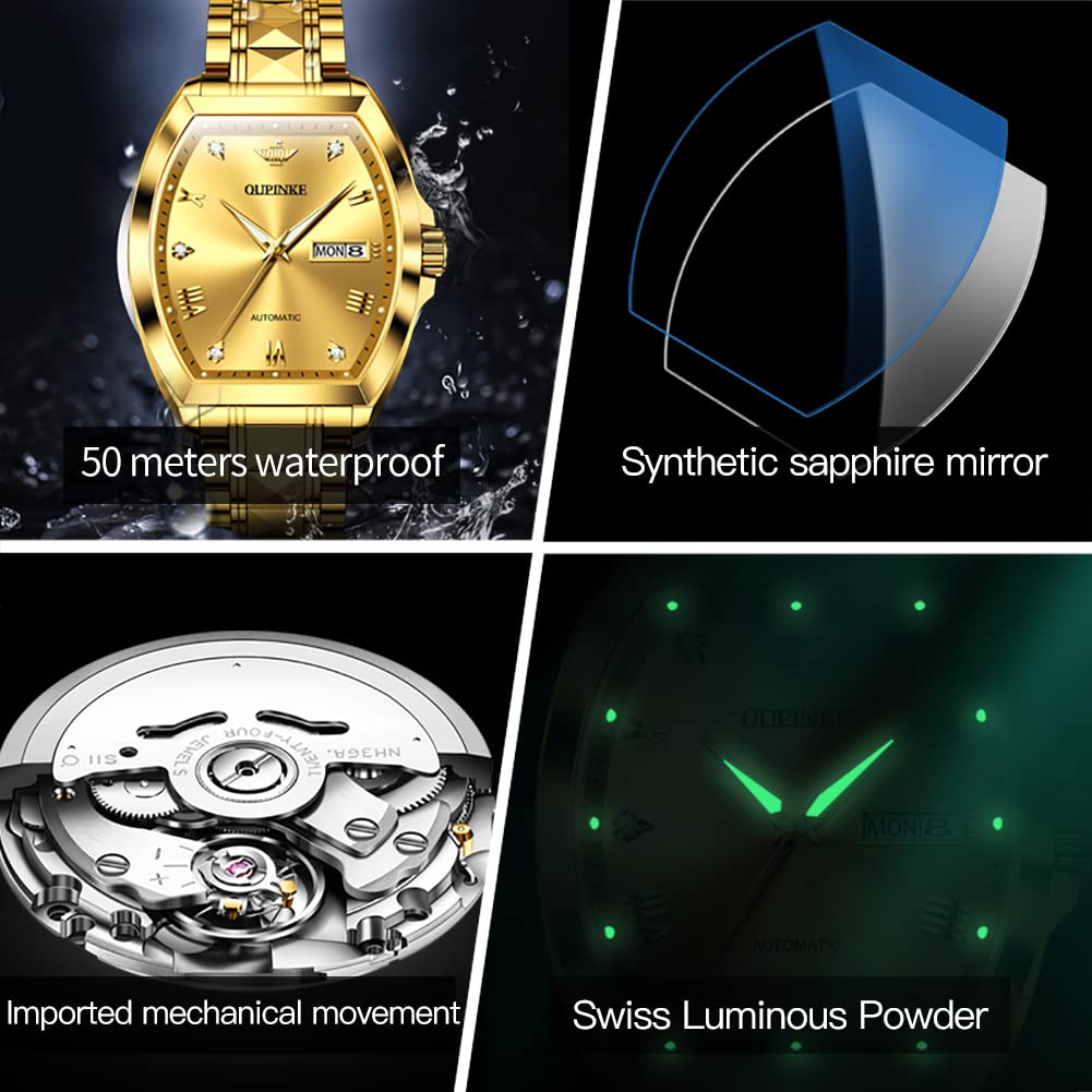 OUPINKE Mens Automatic Watch Diamond Skeleton Mechanical Self Winding Luxury Dress Wrist Watch Sapphire Crystal Tungsten