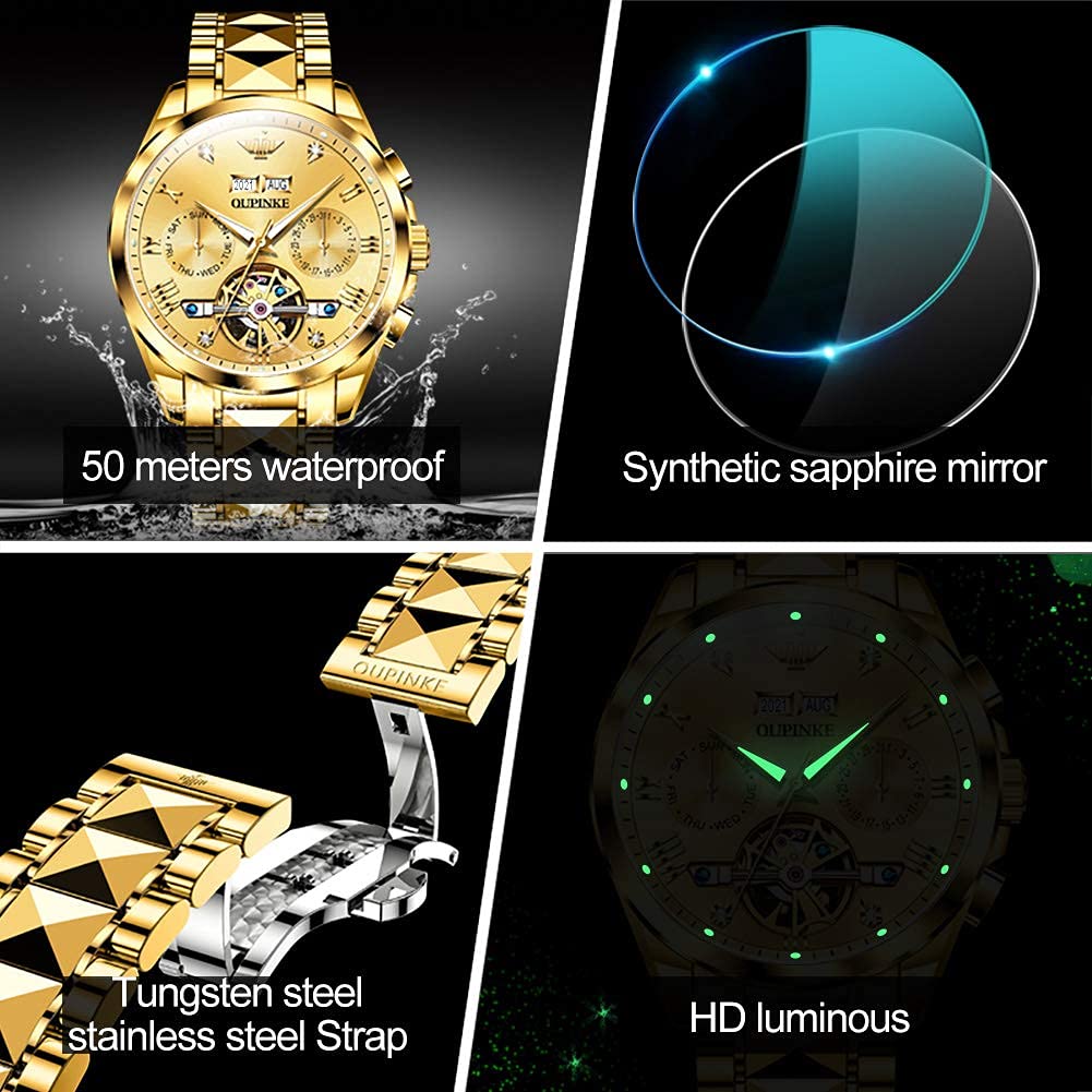 OUPINKE Mens Automatic Watch Diamond Skeleton Mechanical Self Winding Luxury Dress Wrist Watch Sapphire Crystal Tungsten