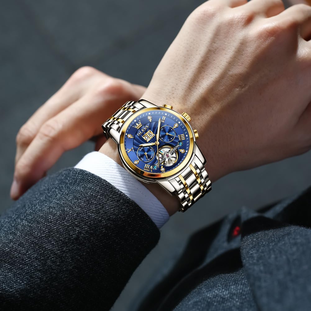 OLEVS Watches for Men Automatic Mechanical Analog Mens Watches Luxury Diamond Waterproof Mens Watch Casual Self Winding Stainless Steel Tourbillon Big Face Day Date Classic Watch for Men