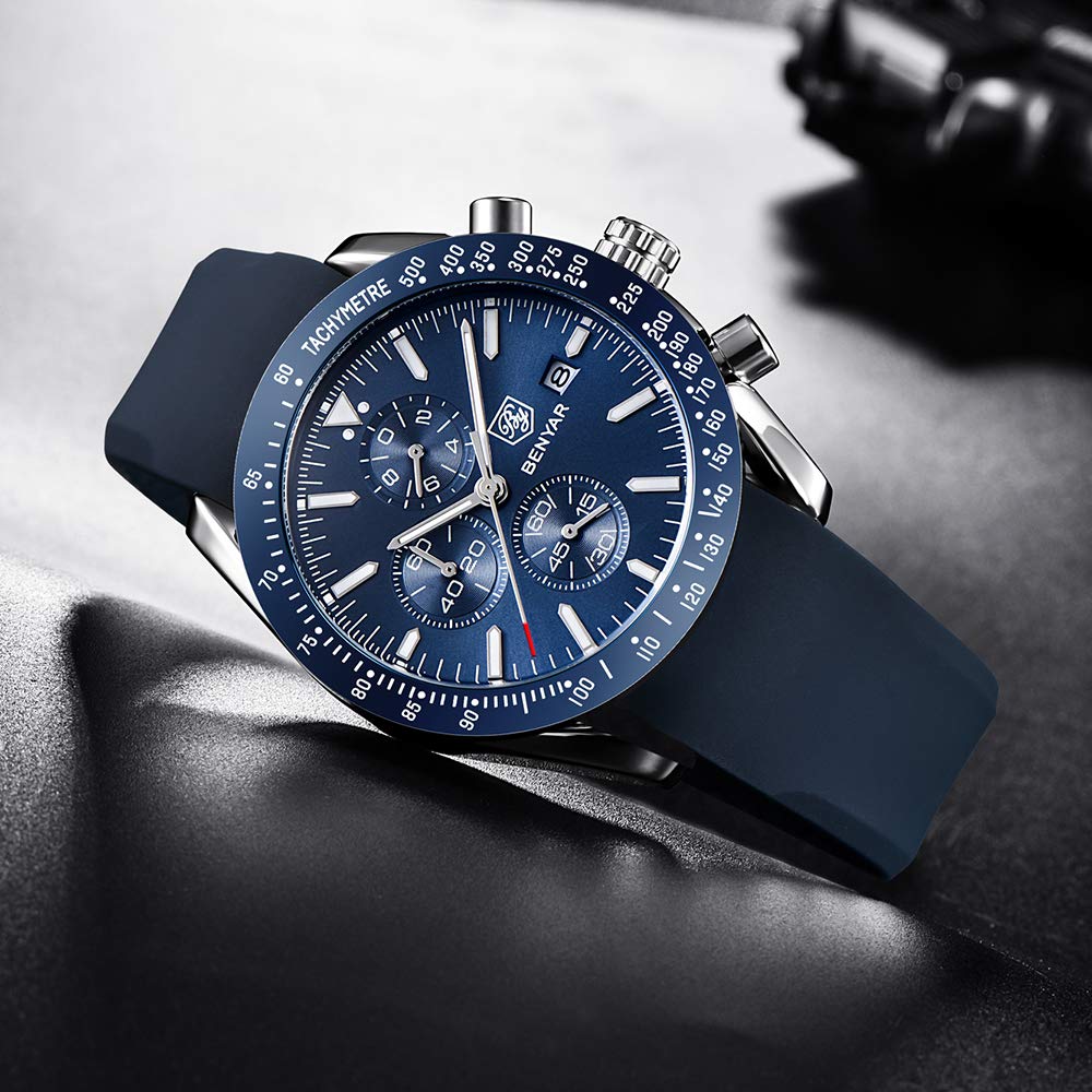 BENYAR Mens Watches Quartz Movement Chronograph Leather Strap Fashion Business Sport Design 30M Waterproof Scratch Resistant Elegant Gifts for Men