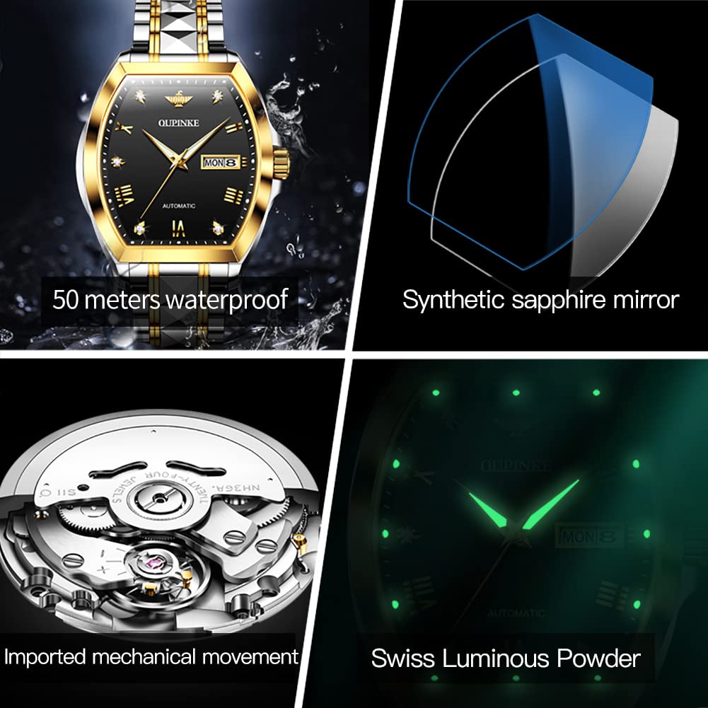 OUPINKE Mens Automatic Watch Diamond Skeleton Mechanical Self Winding Luxury Dress Wrist Watch Sapphire Crystal Tungsten